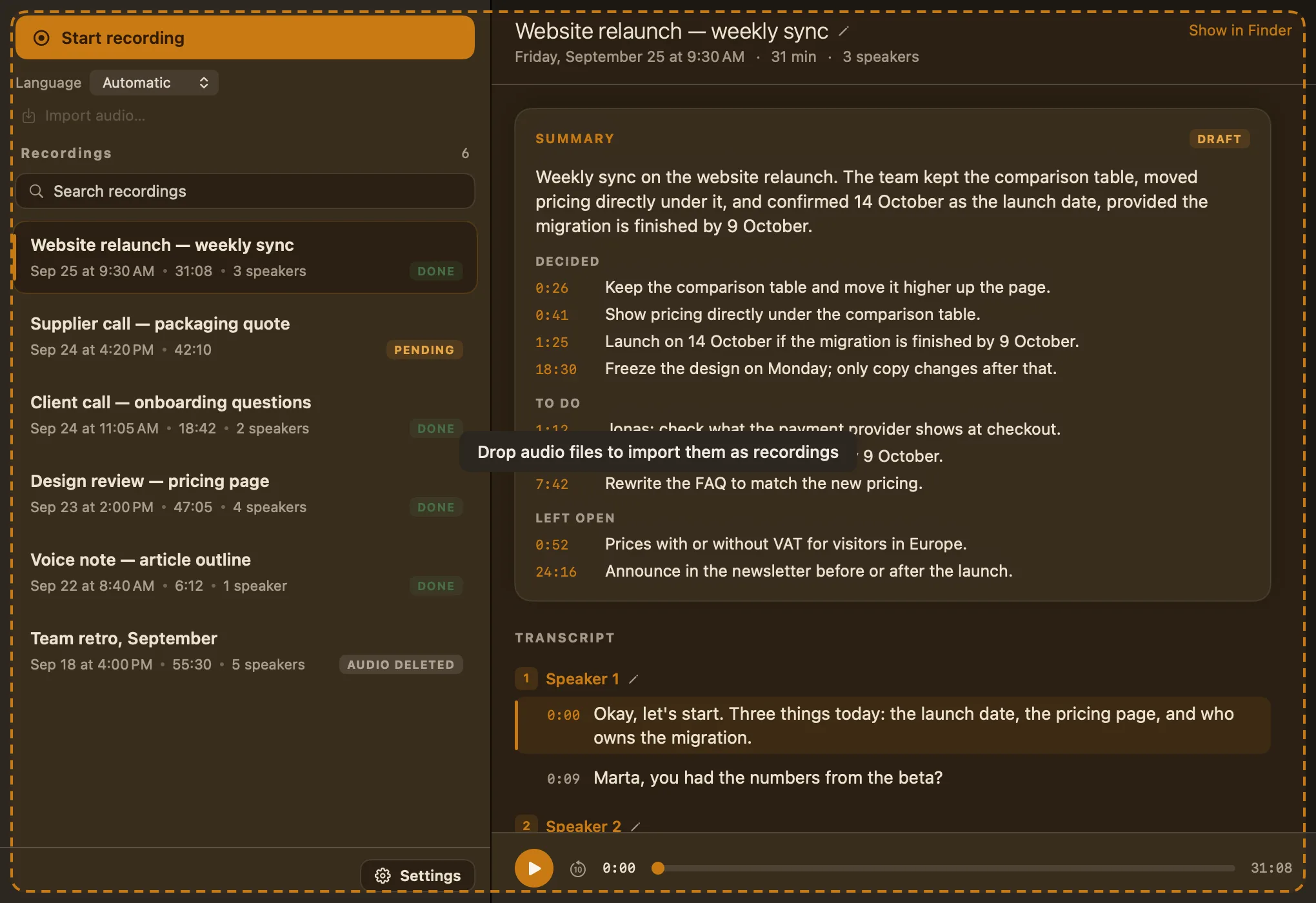 The Memo window with a dashed amber outline and the message Drop audio files to import them as recordings.