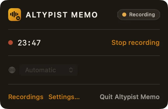 Memo's menu bar panel while recording: a red dot, the elapsed time 23:47 and a Stop recording button.