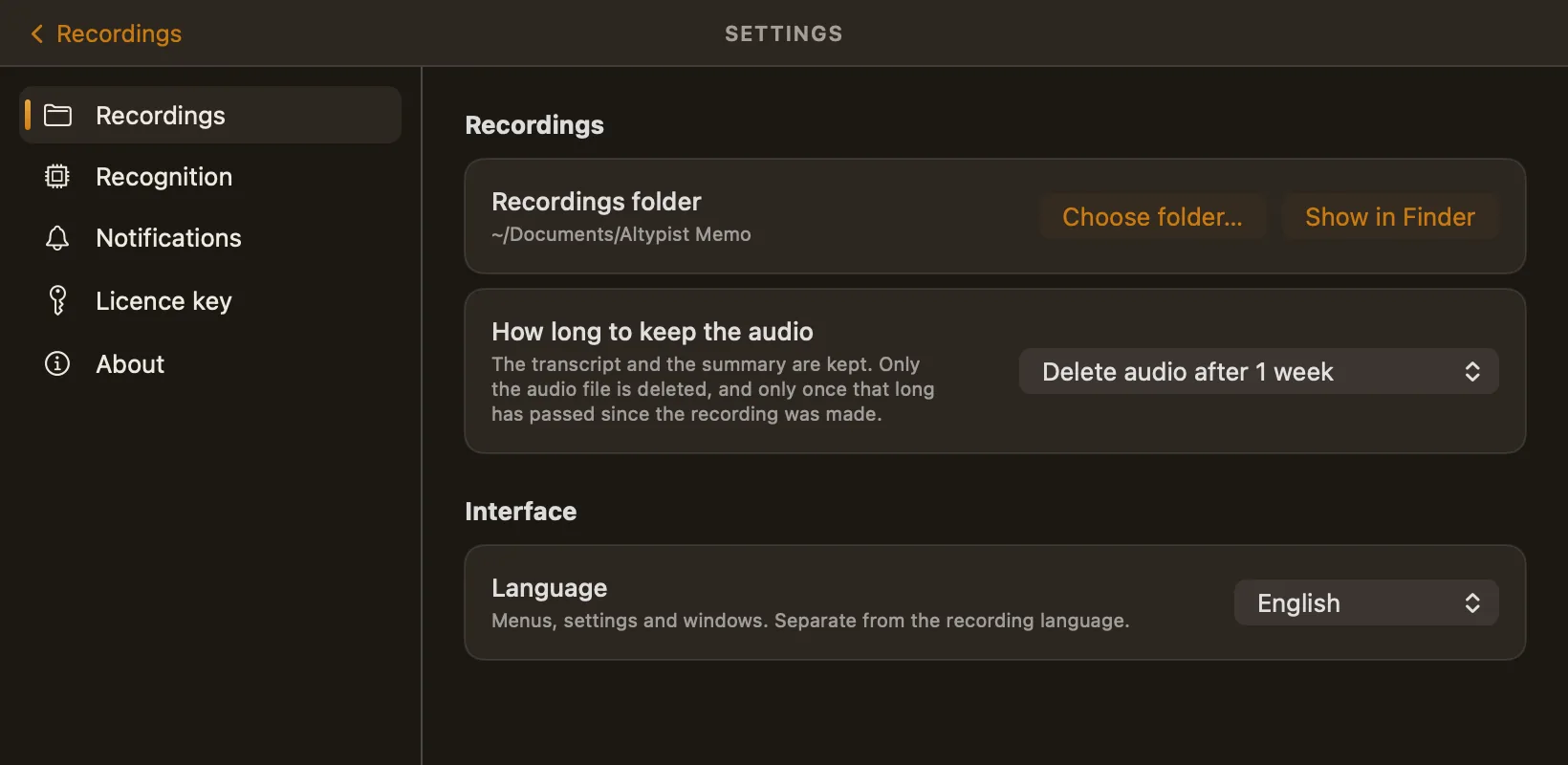 Memo's Recordings settings: the recordings folder ~/Documents/Altypist Memo with Choose folder and Show in Finder, and How long to keep the audio set to Delete audio after 1 week.